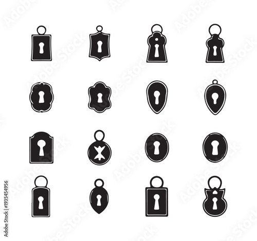 Collection of diverse keyhole shapes and styles including ornate and decorative elements on white
