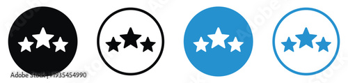 Three stars rating icon set in black and blue. Quality ranking symbols for feedback, reviews, and excellence. Flat vector illustrations representing premium service, status, and favorites.