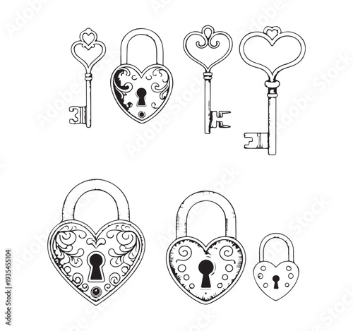 Set of heart shaped antique locks and keys with various decorations for romantic themes