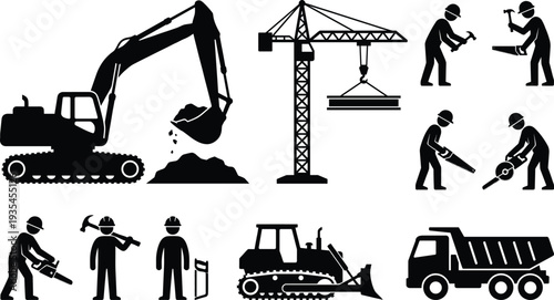 Set of black construction silhouettes isolated on white background, including workers heavy machinery excavator crane and truck for industrial building design,