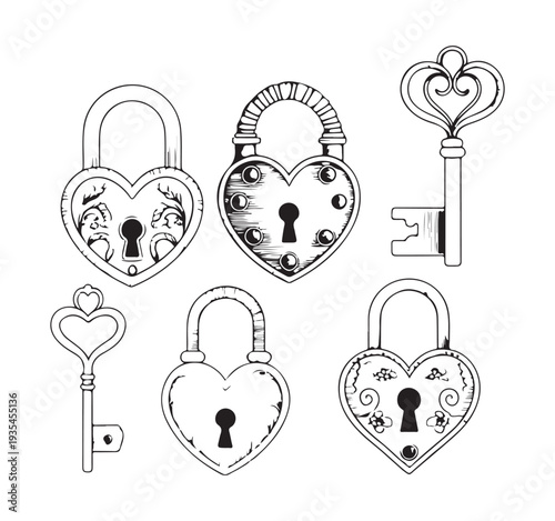 Collection of heart shaped vintage padlocks and antique keys isolated on white background
