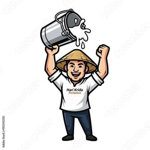 Happy farmer with milk bucket and conical hat