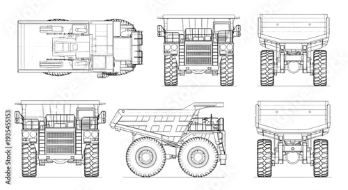 Mining Dump Truck AutoCAD Blueprint Vector – Multi View Industrial Transport Technical Drawing