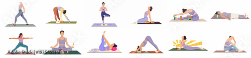 A diverse collection of women practicing various yoga poses and meditation, showcasing wellness, flexibility, and mindfulness with props in an illustrated style.