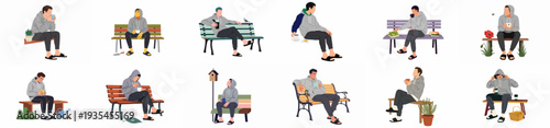 Man relaxing outdoors with coffee, books, and nature. A collection of illustrations showcasing casual leisure and tranquil moments on various benches.