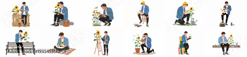 Young man, an artist, sketches and paints sunflowers outdoors in various poses, showcasing creative inspiration and a love for nature.