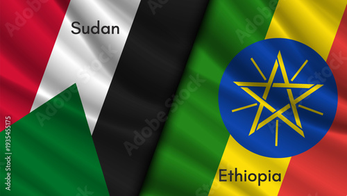 Vector wavy national flags of Republic of Sudan and Federal Democratic Republic of Ethiopia. Relations between african countries. Political and economic banner