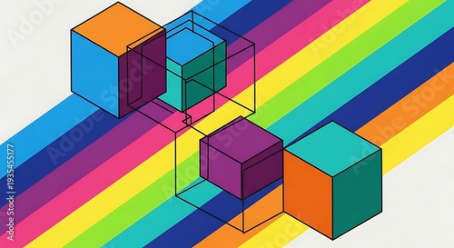 Vibrant 3D cubes in dynamic motion on colorful striped background