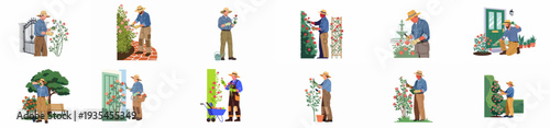 Illustrations of a dedicated gardener cultivating and maintaining rose bushes in various home and garden settings, performing essential plant care tasks with tools.