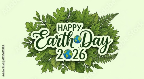 Happy Earth Day 2026 eco friendly message with green leaves
