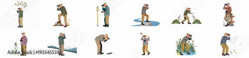 Collection of illustrations depicting a man birdwatching and observing nature with binoculars in various outdoor settings.