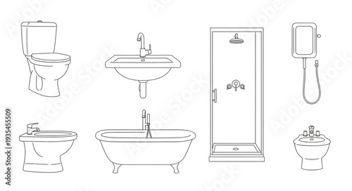 Collection of bathroom fixtures and fittings line art.