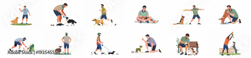 Men and their dogs enjoying various outdoor activities: playing, walking, training, and bonding moments in a park setting.