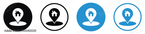 Real estate map pointer icons with house symbol. GPS location pin for property search, address tracking, and neighborhood discovery. Navigation markers in black and blue circle designs.