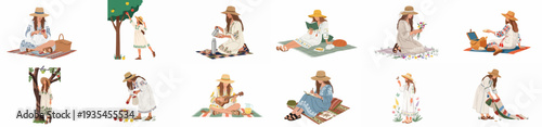 Woman in folk-inspired attire enjoying a variety of serene outdoor leisure activities: apple picking, picnicking, reading, making bouquets, and artistic pursuits.