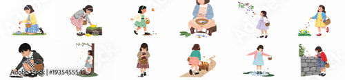 Charming illustrations of young girls exploring and collecting in nature, capturing the joy and innocence of childhood activities in spring.
