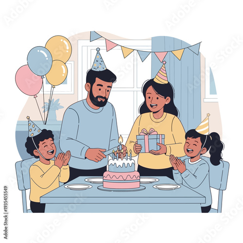 Family celebrating birthday with cake and presents.