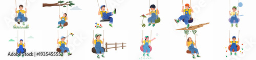 Happy Children Playing on Swings Outdoors: A Vector Collection of Childhood Joy and Nature Activities