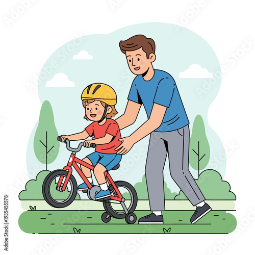 Father teaching his child to ride a bicycle in the park.