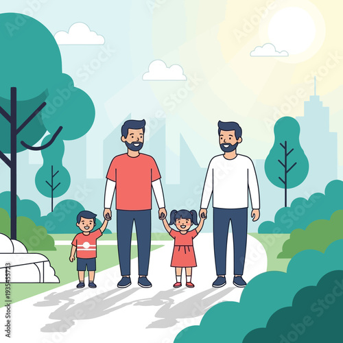 Happy gay couple with children walking in park.