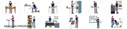 A diverse set of illustrations featuring a man working with pens, organizing office supplies, and managing inventory in various professional and creative tasks.