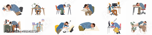 People sleeping and napping at their desks, illustrating workplace fatigue, overwork, exhaustion, and burnout from long hours and stressful tasks
