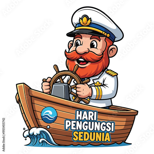 Captain with Beard steering ship in small wooden boat