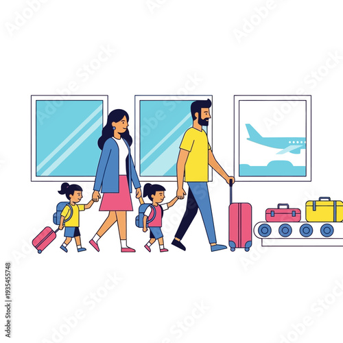 Family traveling at airport with luggage.