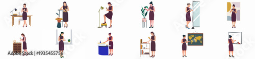 Illustrations of a woman in a dress applying lotions or sanitizers in various daily and professional settings, emphasizing self-care and hygiene routines.