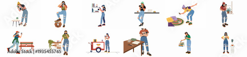 Modern casual lifestyle of young women in flat vector illustration style, depicting daily activities like smartphone use, coffee breaks, studying, and relaxing.
