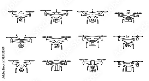 Minimal Line Drone Icons – Quadcopter and UAV Vector Set for Technology & Aviation