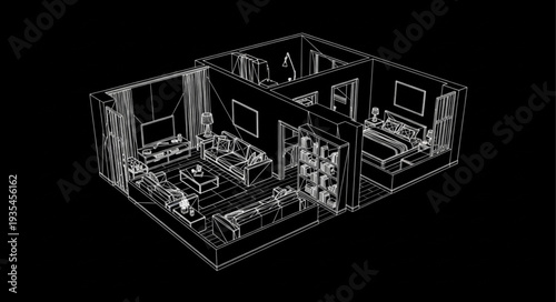 Abstract architectural wireframe rendering of a modern interior space.