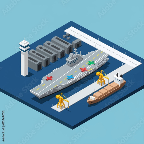 Isometric View of Aircraft Carrier and Ships.