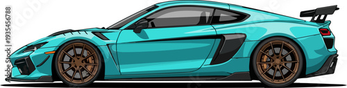 Turbocharged sports car speeding on a track from a side viewpoint in a graphic illustration