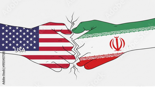 USA and Iran Flags on Hands in Conflict, Illustration, Global Politics, Tense Relations