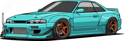 A sleek, digitally illustrated sports car with vibrant teal body and bronze wheels, viewed from a slightly elevated angle