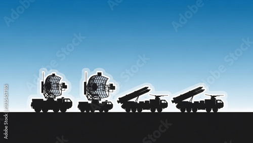 Military vehicles with rocket launchers on a flat terrain under a clear blue sky, viewed from the side