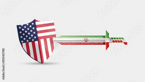 Shield and Sword Illustration Representing USA and Iran Conflict in a Symbolic Vector Graphic