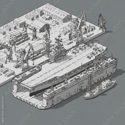Detailed Illustration of Cargo Ship and Harbour.