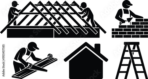Set of black construction and roofing silhouettes isolated on white background, workers building a house with tools for industrial design,