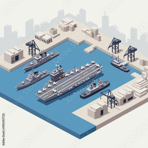 Isometric View of Shipping Yard with Cargo Ships.