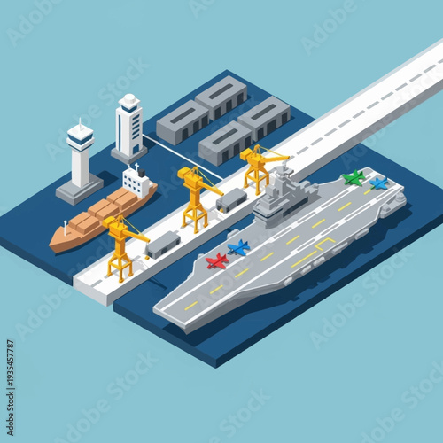 Isometric Illustration of Warship and Workers.