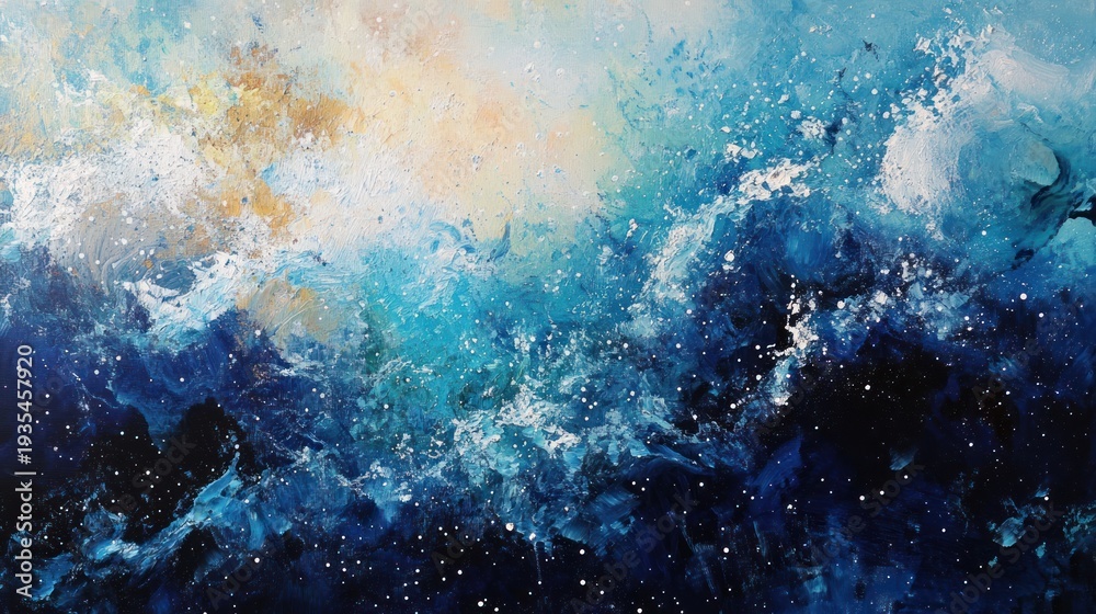 Obraz premium Abstract painting of a turbulent ocean or cosmic expanse. A dynamic display of swirling blues, whites, and golds. Textured and layered, suggesting movement and energy