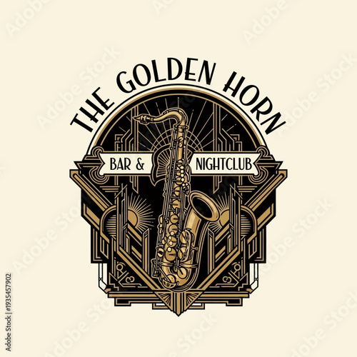 Golden Horn Bar Nightclub Art Deco Jazz Saxophone Logo