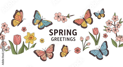 Set of colorful spring butterflies and flowers vector