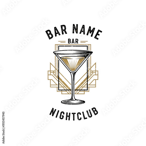 Bar Nightclub Vintage Martini Glass Logo Design with Art Deco Elements