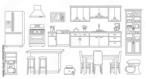 Kitchen interior design sketch with appliances and furniture.