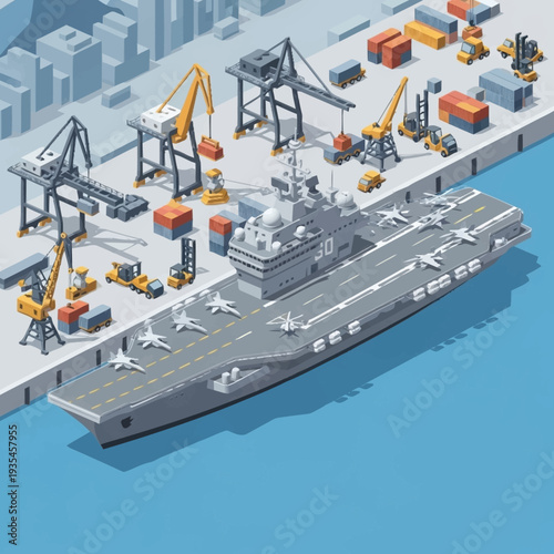 Aircraft Carrier Ship in Isometric Dockyard.