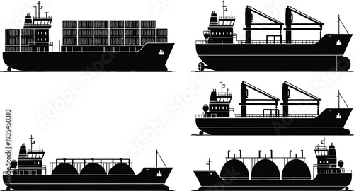Cargo ship silhouette vector set, container vessel maritime transport, logistics shipping tanker illustration