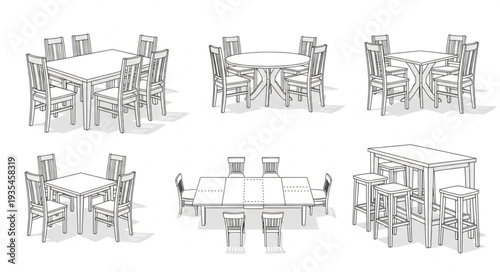 Collection of sketched outdoor dining tables and chairs with plants.